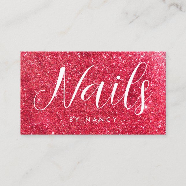Nails Typography Red Gold Glitter Business Card (Front)
