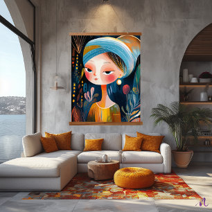 Naïve Abstract Girl with a Pearl: Modern Art Twist Hanging Tapestry