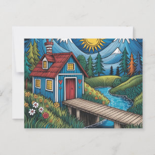 NAIVE Art postcard woodland scene and cabin.