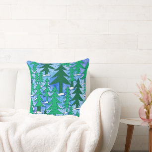 Naive Art Winter Spruce Forest Green Blue Cushion