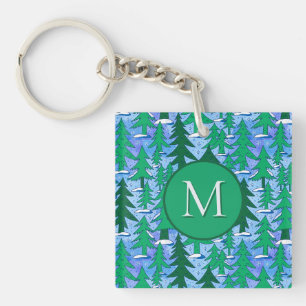 Naive Art Winter Spruce Forest Green Blue Key Ring