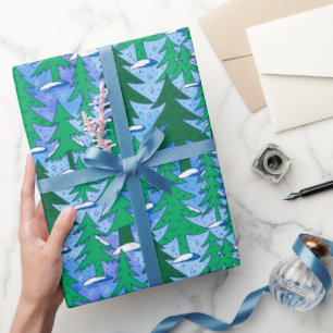Naive Art Winter Spruce Forest Green Blue Wrapping Paper