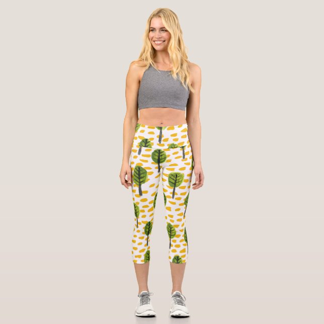 Naive Green Black Tree Pattern Capri Leggings (Front)