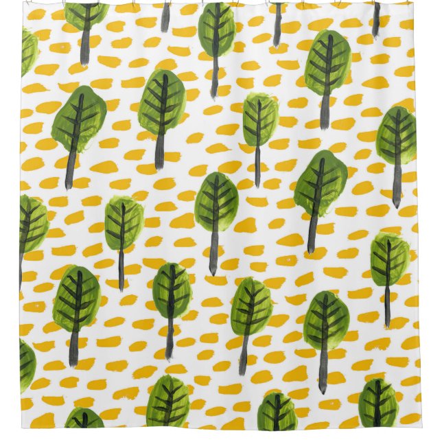 Naive Green Black Tree Pattern Shower Curtain (Front)