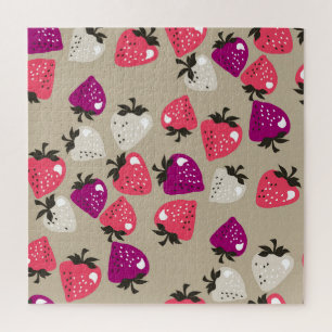 Naive Strawberries: Beige Background Seamless. Jigsaw Puzzle