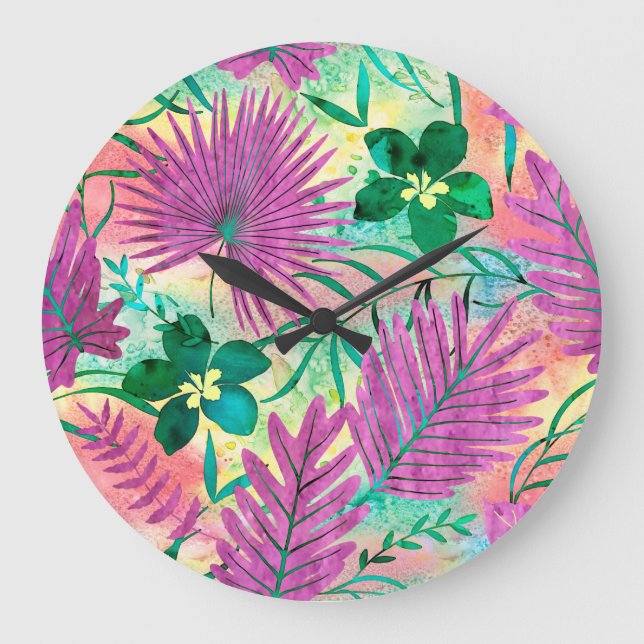 Nalani Hawaiian Tropical Garden Fuchsia Large Clock (Front)