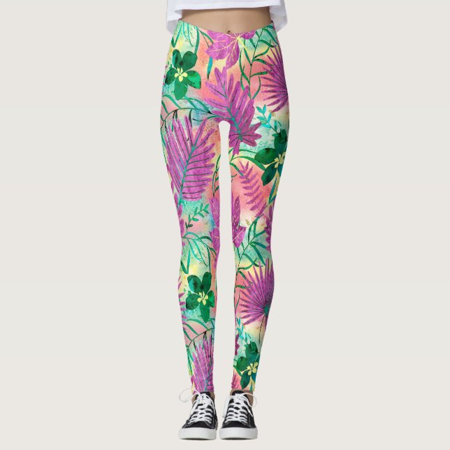 Nalani Hawaiian Tropical Garden Fuchsia Leggings (Front)