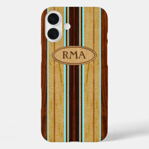 Nalu Hou Faux Koa Wood Monogram Surfboard iPhone 16 Plus Case