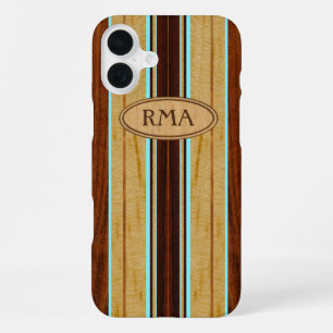 Nalu Hou Faux Koa Wood Monogram Surfboard iPhone 16 Plus Case