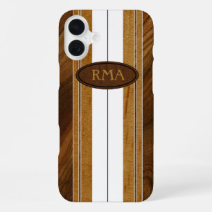Nalu Mua Faux Koa Wood Monogram Surfboard White iPhone 16 Plus Case