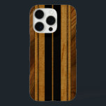 Nalu Mua Faux Koa Wood Surfboard Black iPhone 16 Pro Case<br><div class="desc">Black colorway. Located on Oahu's North Shore in Hawaii, there are about a dozen beaches that are known for their history with famous surfers of the fifties, sixties and seventies. These surfers and shapers inspired us to design these cases. We combined faux koa wood and various other woods to create...</div>