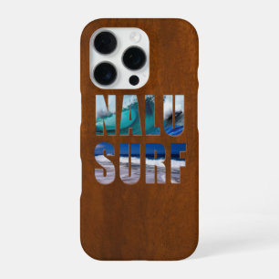 Nalu-Surf Hawaiian Wave Faux Koa Wood Surfboard iPhone 16 Pro Case