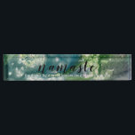 Namaste Acrylic Nameplate<br><div class="desc">2"l x 10"w x 1"h acrylic accessory sign for your Zen space.  Text of Namaste,  the divine light in me honours the divine light in you,  set over alcohol ink background. Teal,  blue,  purple,  white.  Font and font colour are customisable.</div>