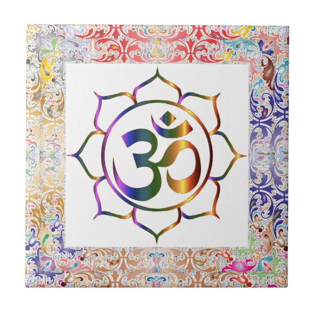Namaste Aum Om & Lotus Rainbow Border Personalised Ceramic Tile (Front)