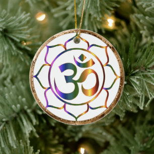 Namaste Aum (Om) & Lotus with Gold Bronze Border Ceramic Tree Decoration