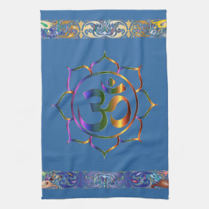 Namaste Aum Om Lotus with Rainbow Vintage Border Tea Towel