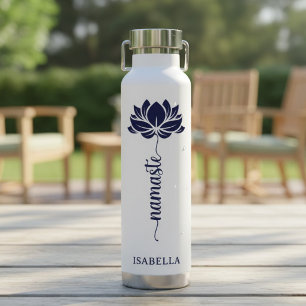 Namaste Blue Lotus Flower Modern Personalised Name Water Bottle