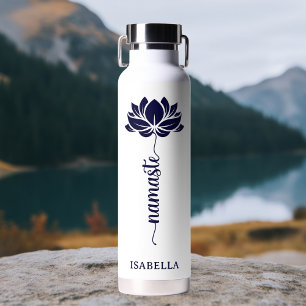 Namaste Blue Lotus Flower Modern Personalised Name Water Bottle