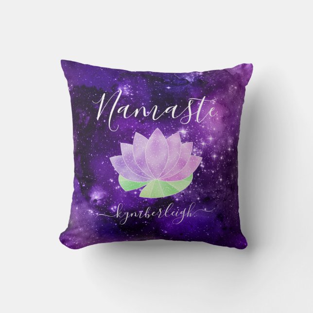 Namaste Cosmic Purple Lotus Flower Monogram Name Cushion (Front)
