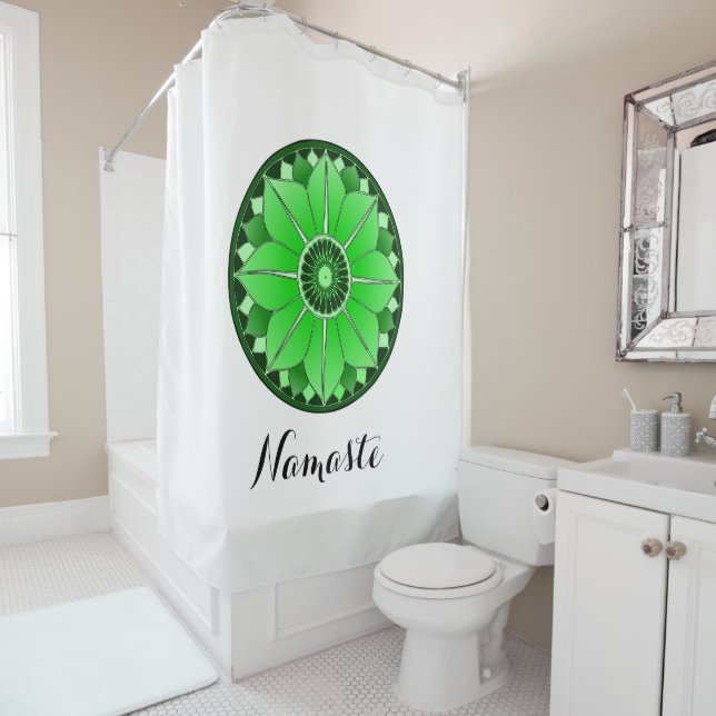NAMASTE Green Lotus Mandala New Age Personalised Shower Curtain (In Situ)