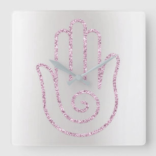 Namaste Greeting Grey Glitter Pink Hand Square Wall Clock