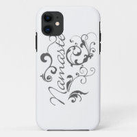 Namaste in dark grey swirls