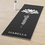 Namaste Lotus Flower Modern Black Custom Name Yoga Mat<br><div class="desc">Namaste Lotus Flower Modern Black Custom Name Sports Fitness Yoga Mat features a white lotus flower with the text "namaste" in modern hand lettered calligraphy script on a black background and personalised with your name. Perfect gift for friends and family for birthday, Christmas, Mother's Day, best friends, yoga lovers, fitness...</div>