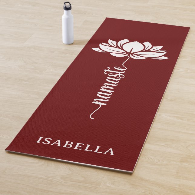 Namaste Lotus Flower Modern Burgundy Custom Name Yoga Mat (In Situ)
