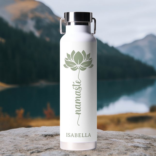 Namaste Lotus Flower Modern Personalised Name Water Bottle (Creator Uploaded)
