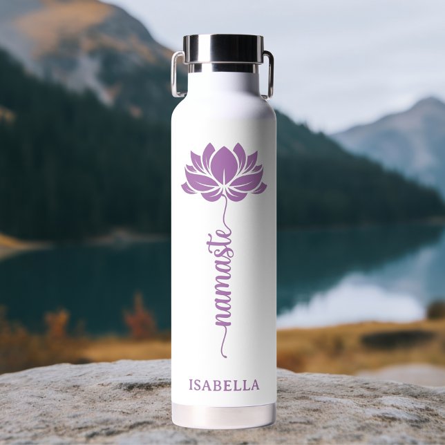 Namaste Lotus Flower Modern Personalised Name Water Bottle (Creator Uploaded)