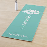 Namaste Lotus Flower Modern Teal Custom Name Yoga Mat<br><div class="desc">Namaste Lotus Flower Modern Teal Custom Name Sports Fitness Yoga Mat features a white lotus flower with the text "namaste" in modern hand lettered calligraphy script on a teal background and personalised with your name. Perfect gift for friends and family for birthday, Christmas, Mother's Day, best friends, yoga lovers, fitness...</div>