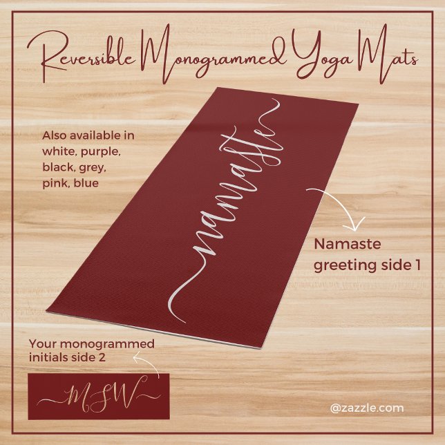 Namaste Monogram Initial Maroon Burgundy Reversibl Yoga Mat (Reversible personalized monogrammed initials maroon burgundy yoga mat. Gift her good health.)