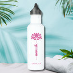 Namaste Pink Lotus Flower Modern Personalised Name 710 Ml Water Bottle<br><div class="desc">Namaste Pink Lotus Flower Modern Personalised Name Sports Fitness Yoga Stainless Steel Water Bottle features a pink lotus flower with the text "namaste" in modern hand lettered calligraphy script and personalised with your name. Perfect gift for friends and family for birthday, Christmas, Mother's Day, best friends, yoga lovers, fitness and...</div>