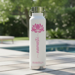 Namaste Pink Lotus Flower Modern Personalised Name Water Bottle