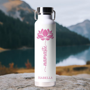 Namaste Pink Lotus Flower Modern Personalised Name Water Bottle