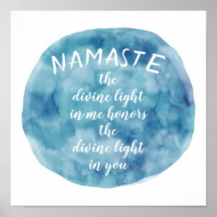 Namaste quote watercolor art blue and white poster