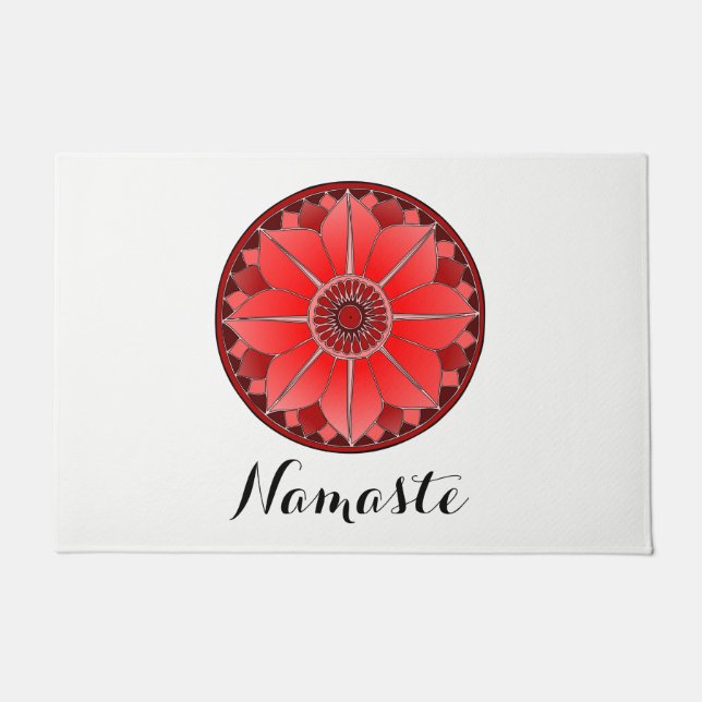 NAMASTE Red Flower Spiritual Lotus Mandala White Doormat (Front)