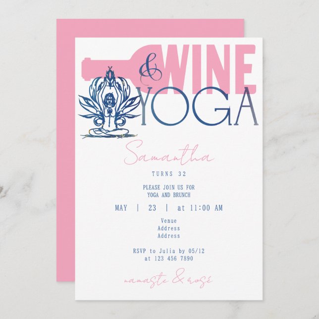 Namaste & Rose Minimal Wine & Yoga Brunch Birthday Invitation (Front/Back)