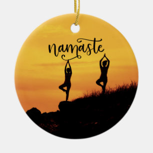 Namaste Silhouette woman Spiritual Meditation Yoga Ceramic Ornament