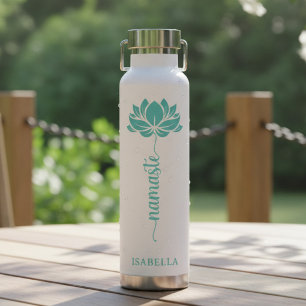 Namaste Teal Lotus Flower Modern Personalised Name Water Bottle