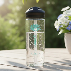 Namaste Teal Lotus Flower Modern Personalised Name Water Bottle