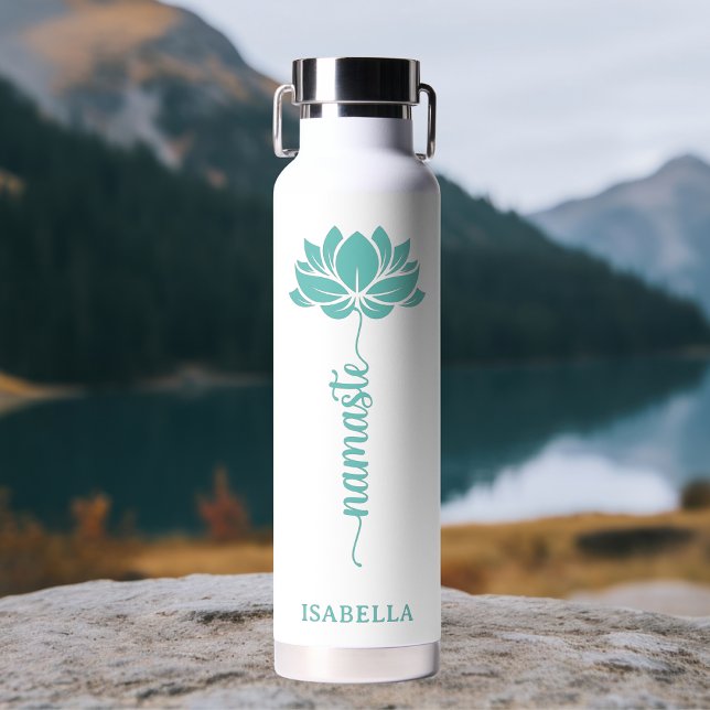 Namaste Teal Lotus Flower Modern Personalised Name Water Bottle (Creator Uploaded)