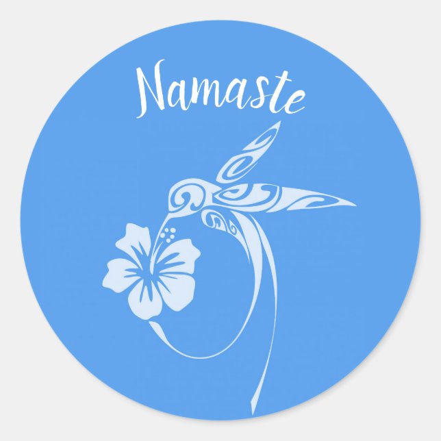 Namaste White Hummingbird on Blue Background Classic Round Sticker (Front)