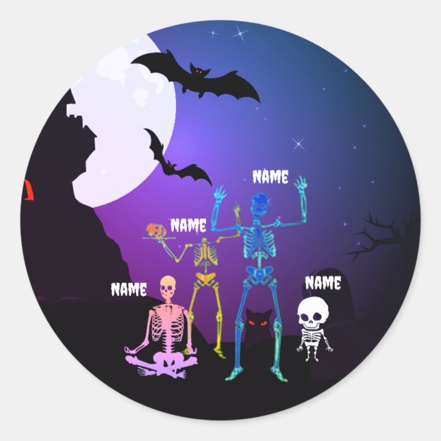 Namaste with the Skeleton Family: Whimsical Yoga Classic Round Sticker (Front)
