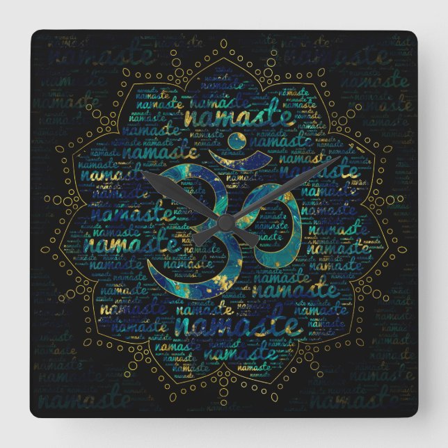 Namaste Word Art in Lotus with OM symbol Square Wall Clock (Front)