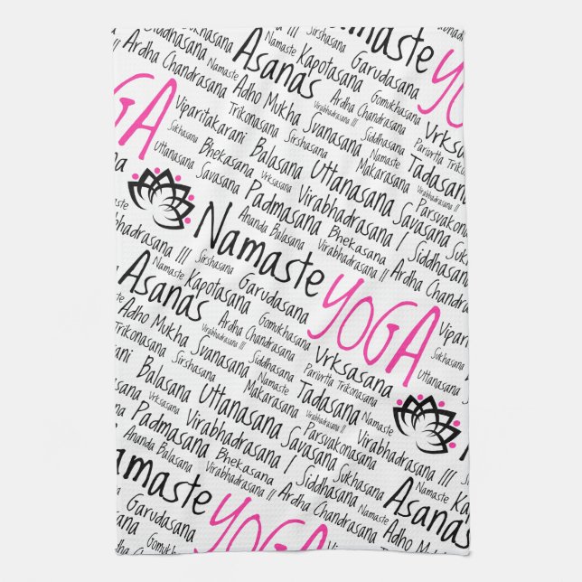 Namaste Yoga Asanas Positions Names in Sanskrit Tea Towel (Vertical)
