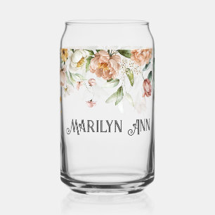 Name, 1600s Watercolor Pink Blush Floral Drop  Can Glass