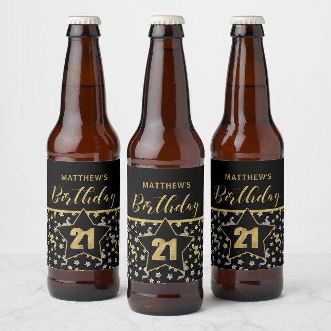 Name 21st Birthday Confetti Theme in Gold on Black Beer Bottle Label (Bottles)