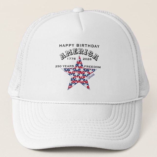 Name || 250th Happy Birthday America White Trucker Hat (Front)