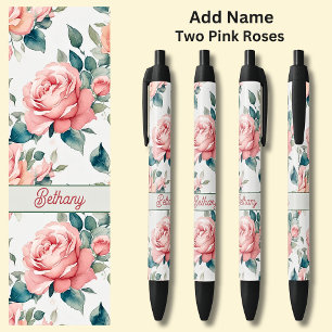 Name 2 Pink Roses Flowers Floral Black Ink Pen